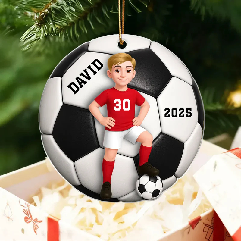 Personalized Soccer Christmas Ornament with Custom Name, Number, and Year Design