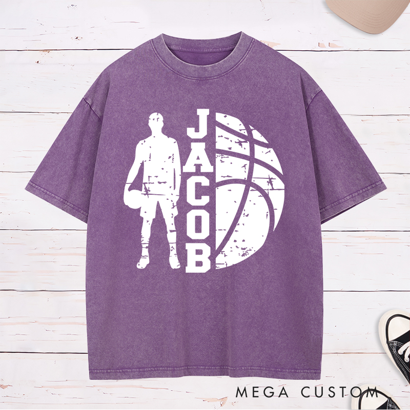 Personalized Washed T-Shirt Design Featuring a Distressed Basketball Player Silhouette with Customizable Vertical Name and Bold Graphic Style