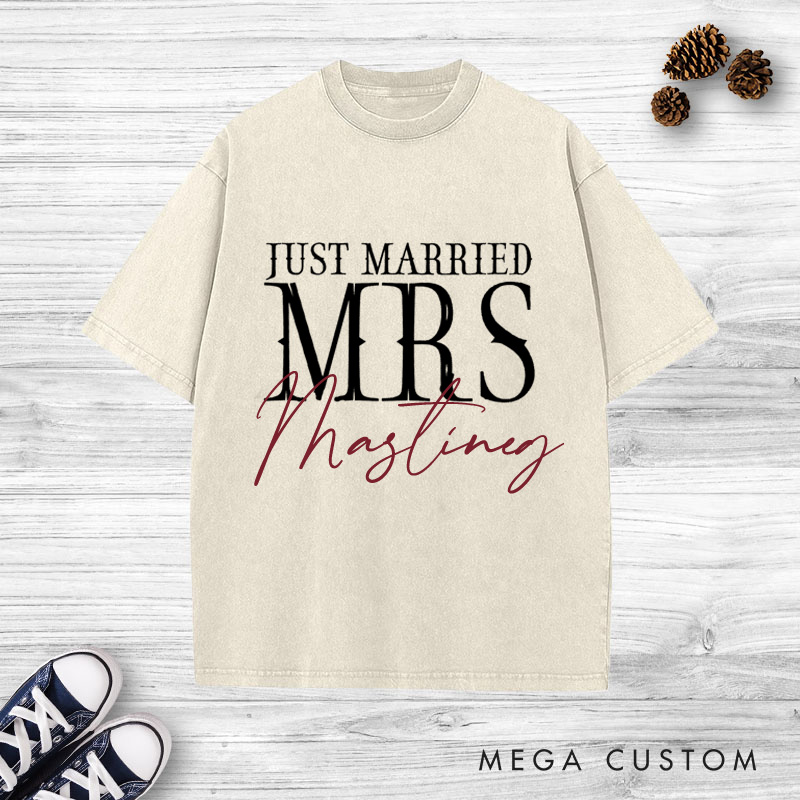 Personalized Modern Just Married Mr and Mrs Matching Wedding Couple Washed T-Shirt
