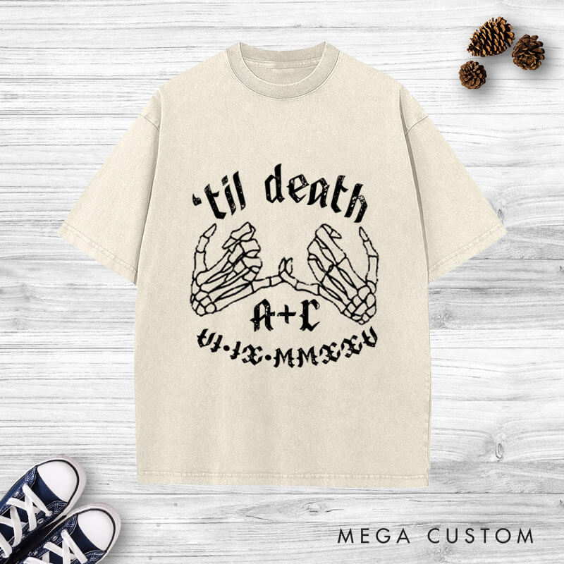 Personalized 'Til Death Skeleton Finger Hooks with Initials and Dates Matching Wedding Couple Washed T-Shirt
