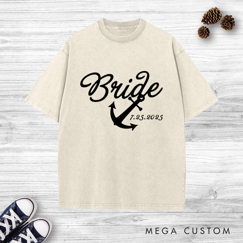 Personalized Elegant Nautical Bride and Groom with Anchor and Helm Matching Wedding Couple Washed T-Shirt