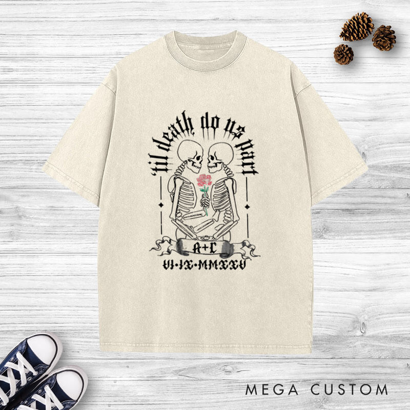 Personalized Romantic Gothic Skeleton 'Til Death Do Us Part Matching Wedding Couple Washed T-Shirt