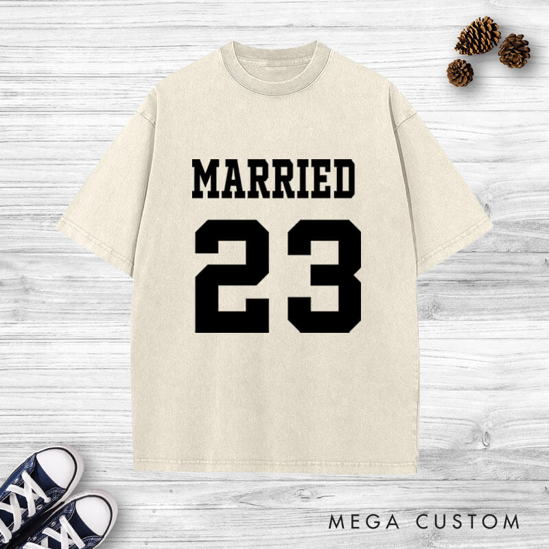 Personalized Bold Sports-Inspired Just Married Matching Wedding Couple Washed T-Shirt