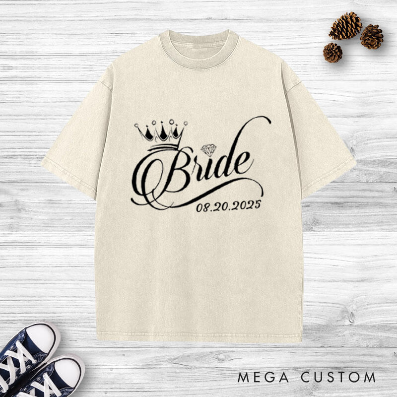Personalized Regal Bride and Groom with Crowns and Date Matching Wedding Couple Washed T-Shirt