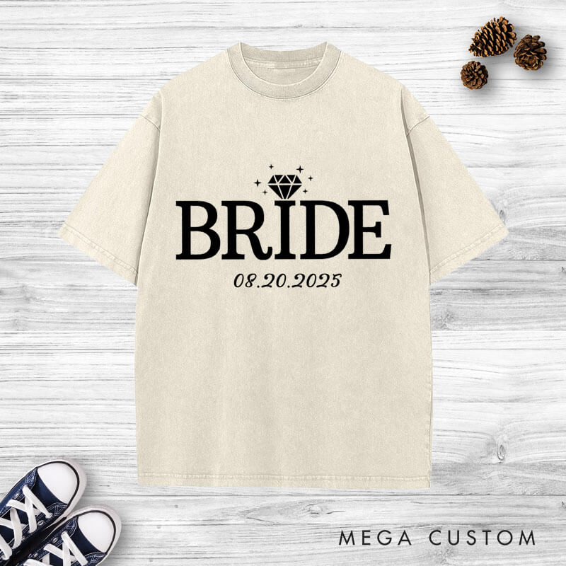 Personalized Elegant Bride and Groom with Rings Matching Wedding Couple Washed T-Shirt