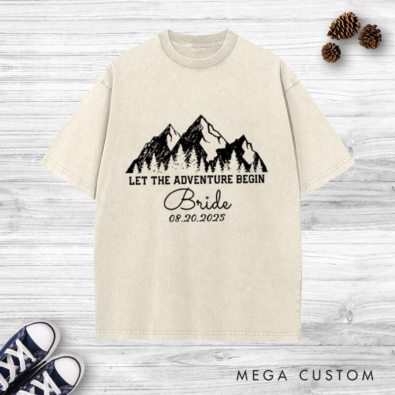 Personalized Rustic Line Mountains Let The Adventure Begin Bride and Groom Matching Wedding Couple Washed T-Shirt
