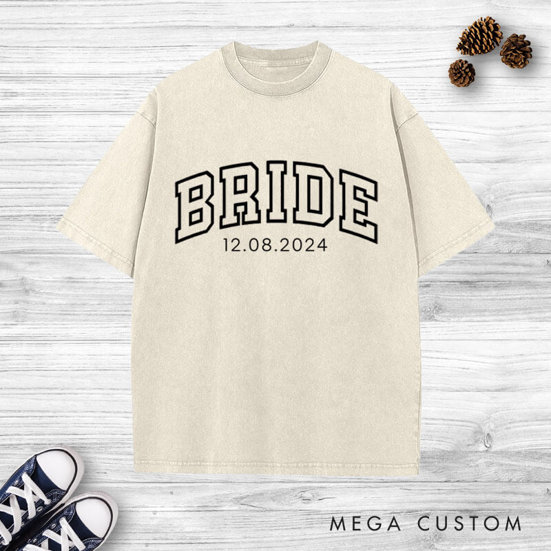 Personalized Varsity-Inspired Bride and Groom with Date Matching Wedding Couple Washed T-Shirt
