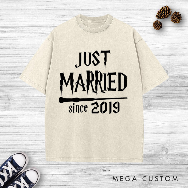Personalized Magical Just Married with Year Newlyweds Matching Wedding Couple Washed T-Shirt