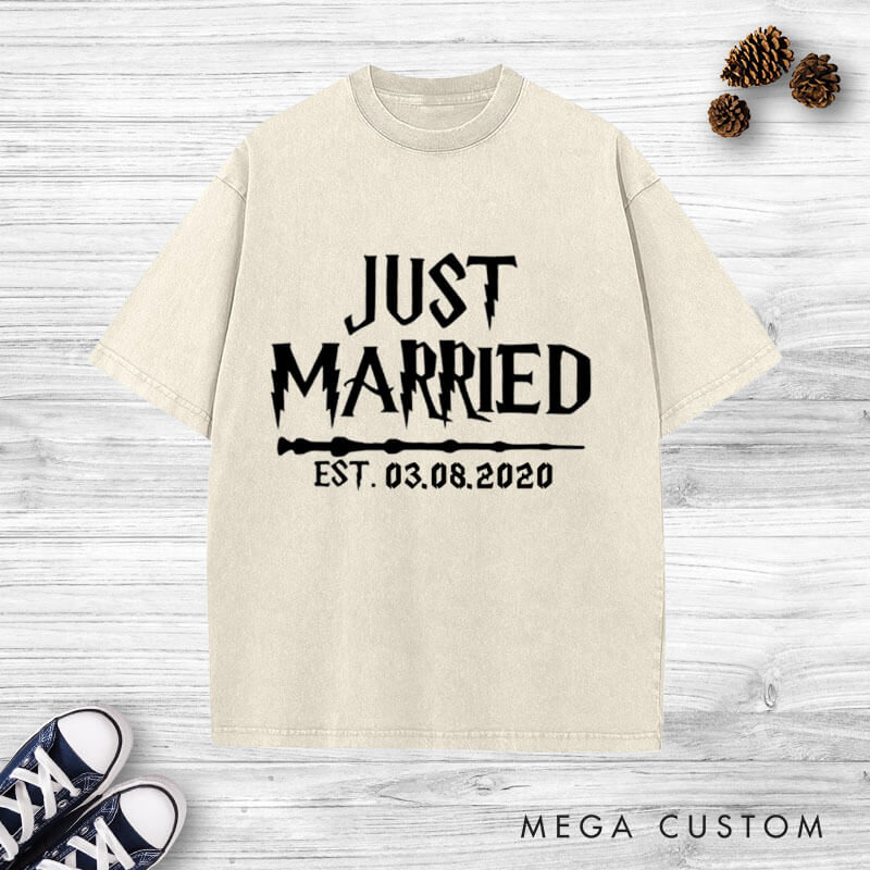 Personalized Just Married with Date Matching Wedding Couple Washed T-Shirt