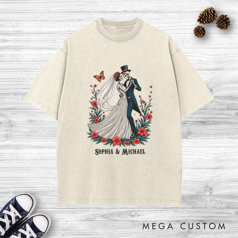 Personalized Romantic Dancing Skeleton Matching Wedding Couple Washed T-Shirt
