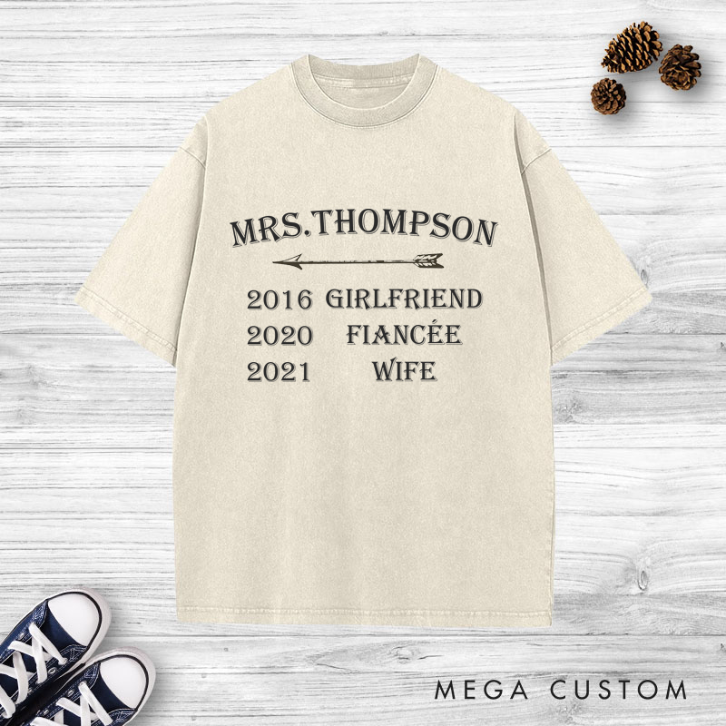 Personalized Mr and Mrs Milestone Journey with Arrow Matching Wedding Couple Washed T-Shirt