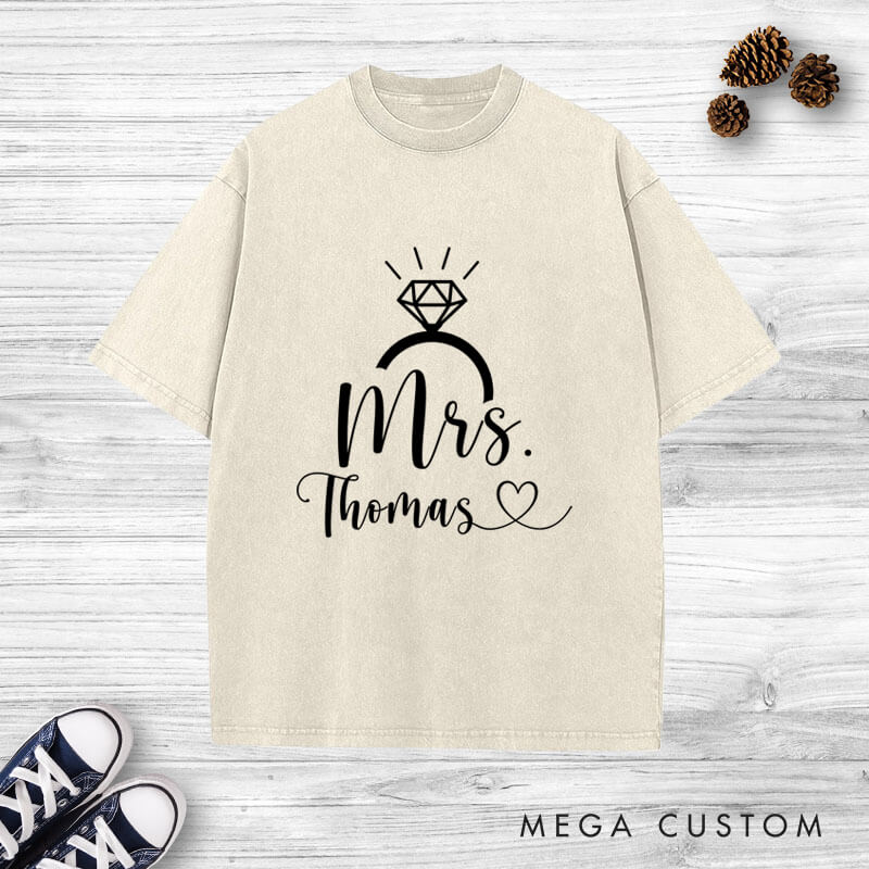 Personalized Elegant Mr and Mrs with Diamond Ring Wedding Couple Washed T-Shirt