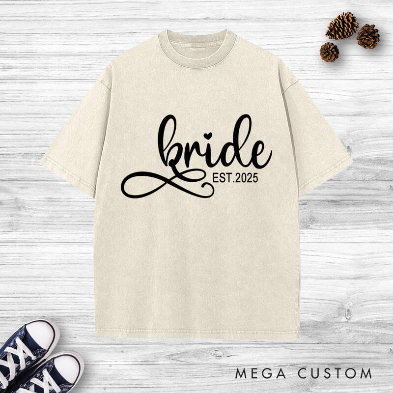 Personalized Elegant Bride and Groom with Year Matching Wedding Couple Washed T-Shirt