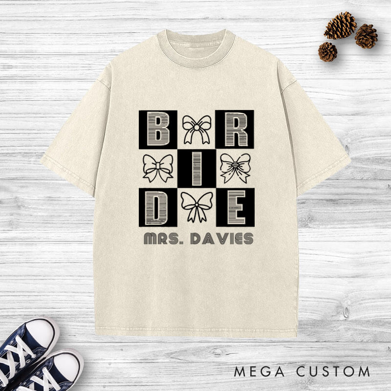 Personalized Chic Bow-Themed Bride and Groom Matching Wedding Couple Washed T-Shirt