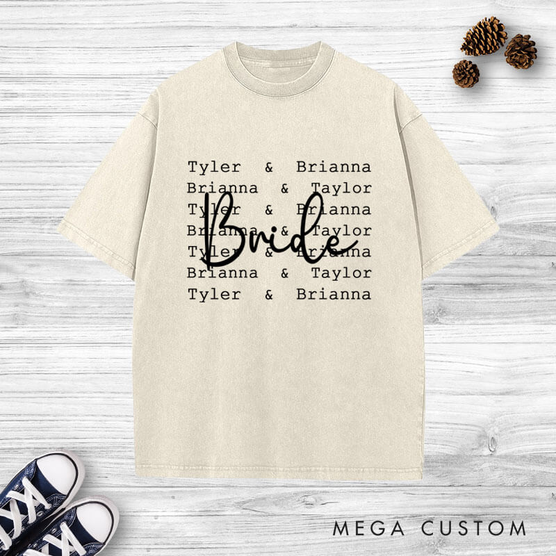Personalized Modern Repetitive Text Bride and Groom Wedding Couple Washed T-Shirt