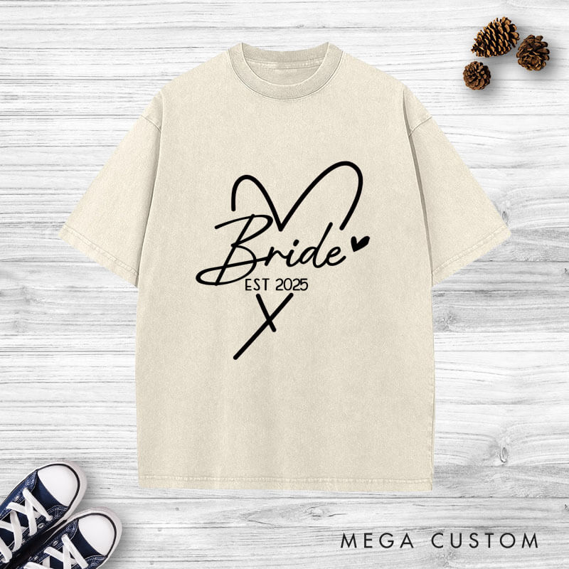 Personalized Bride and Groom with Heart Wedding Couple Washed T-Shirt