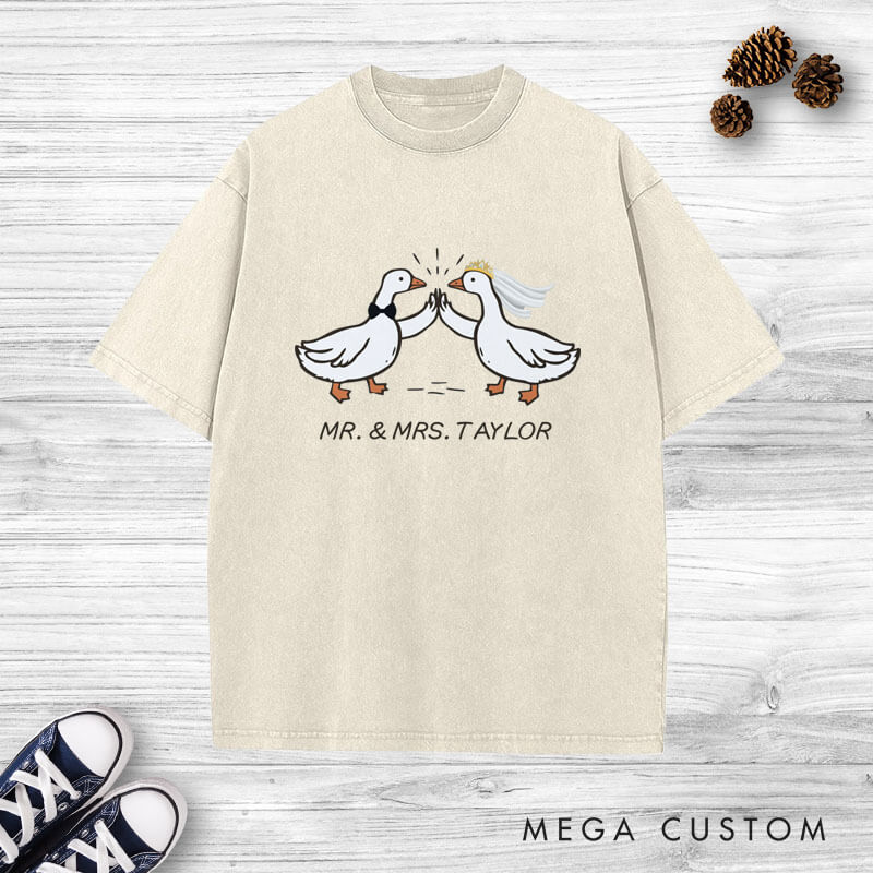 Personalized Mr and Mrs Silly Goose Bride and Groom Wedding Couple Washed T-Shirt