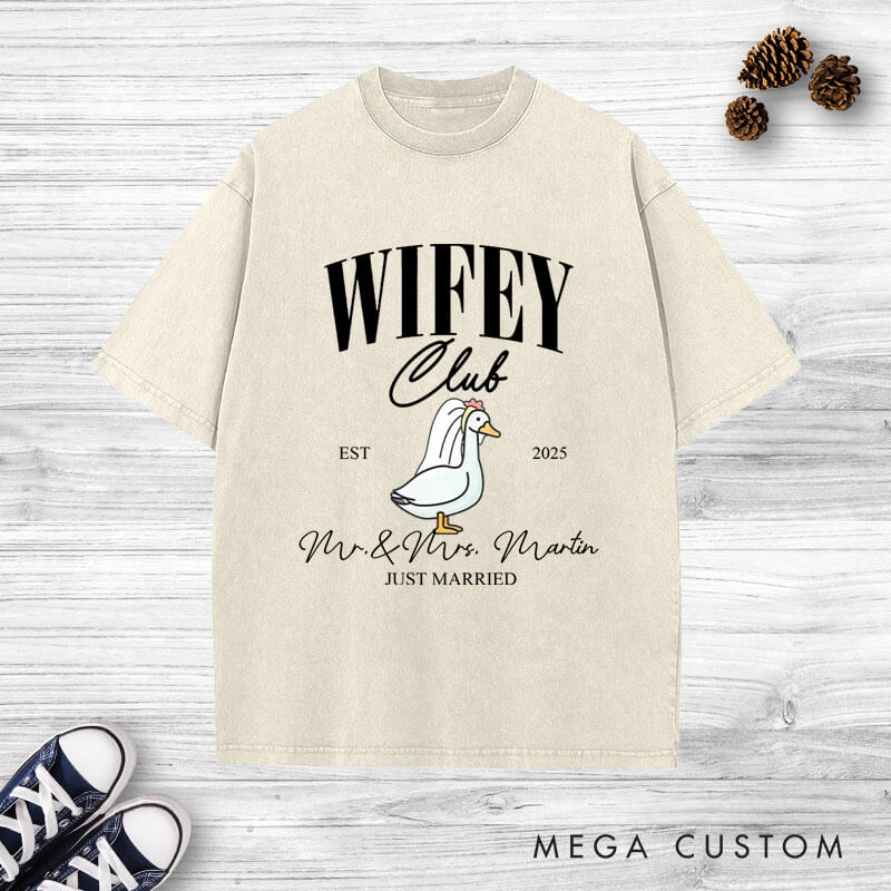 Personalized Just Married Husband and Wife Clubs Wedding Couple Washed T-Shirt
