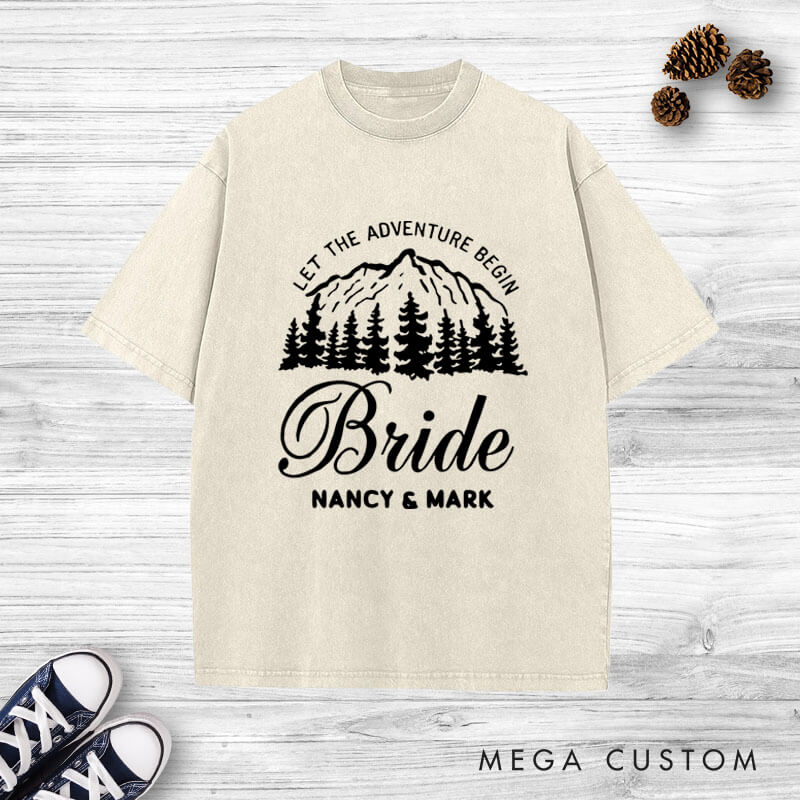Personalized Mountain Serene Let The Adventure Begin Bride and Groom Wedding Couple Washed T-Shirt
