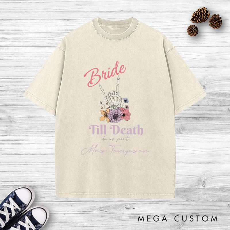 Personalized Vintage Til Death Do Us Part Skeleton Bride and Groom Matching Wedding Couple Washed T-Shirt