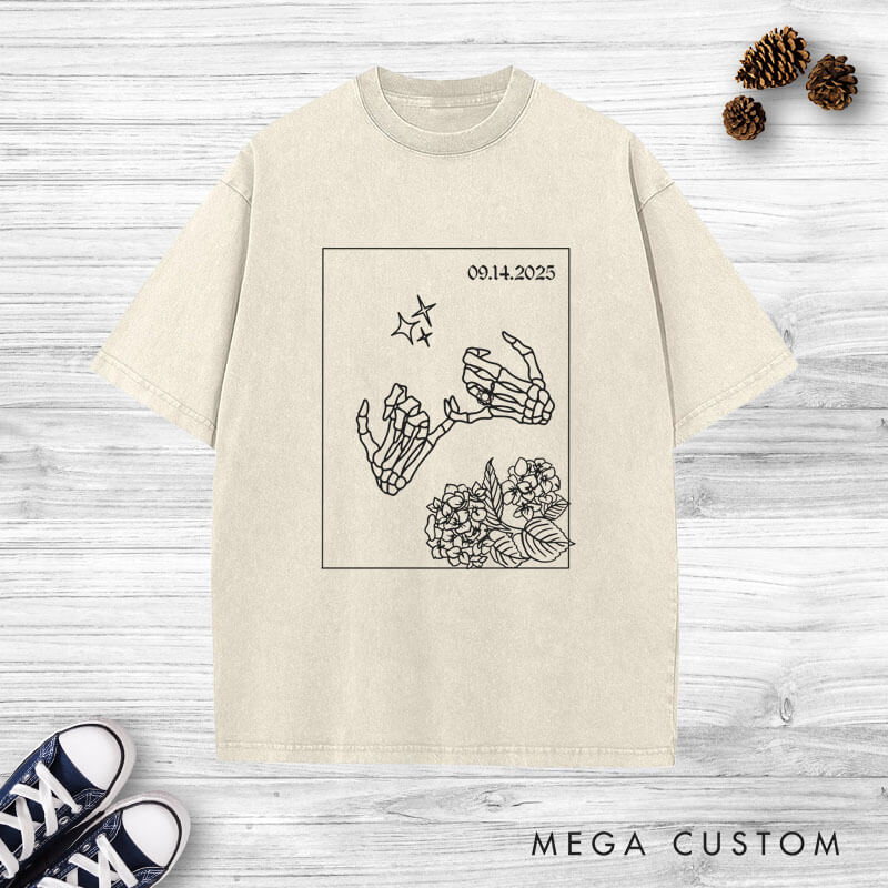 Personalized Unique Skeleton Finger Hooks and Floral Wedding Couple Washed T-Shirt