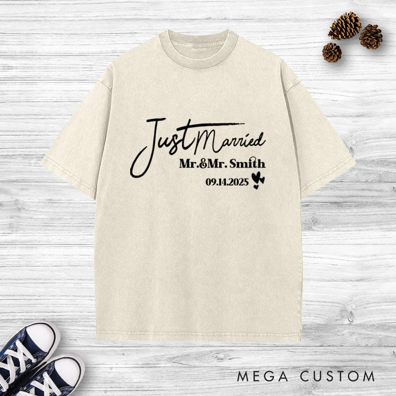 Personalized Elegant Just Married Mr and Mrs with Hearts Wedding Couple Washed T-Shirt