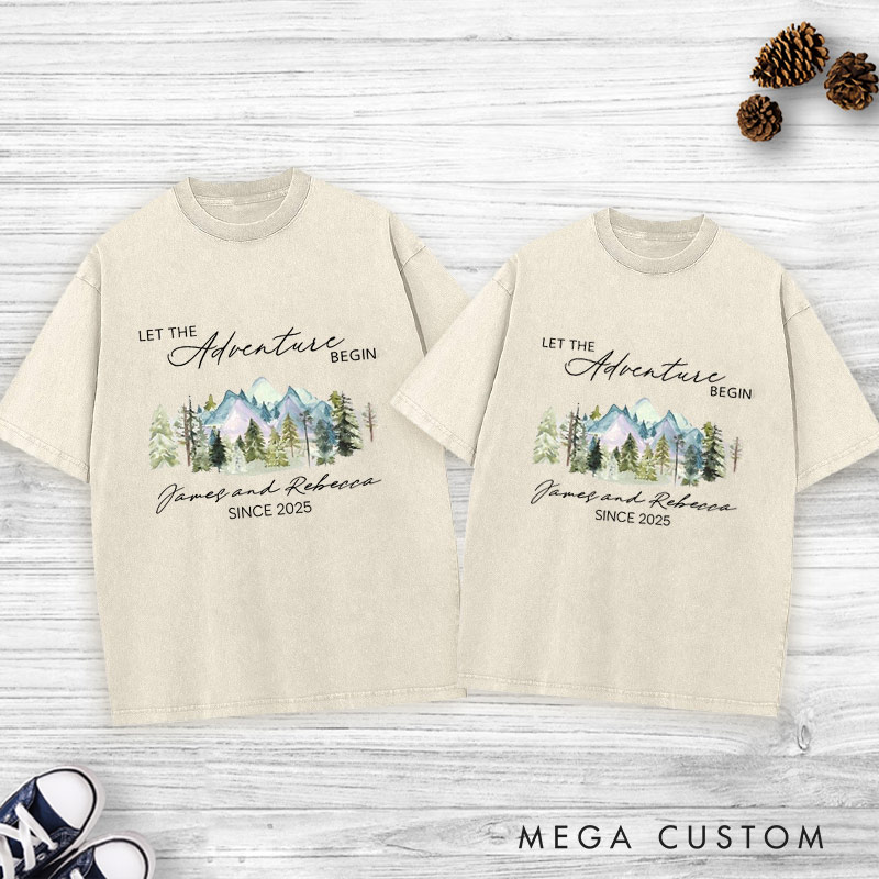 Personalized Mountain Scenic Let the Adventure Begin Newlyweds Wedding Couple Washed T-Shirt