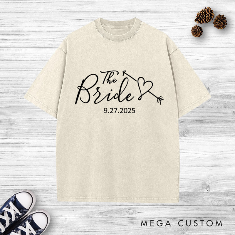Personalized Romantic The Bride and The Groom with Heart Arrow Matching Wedding Couple Washed T-Shirt