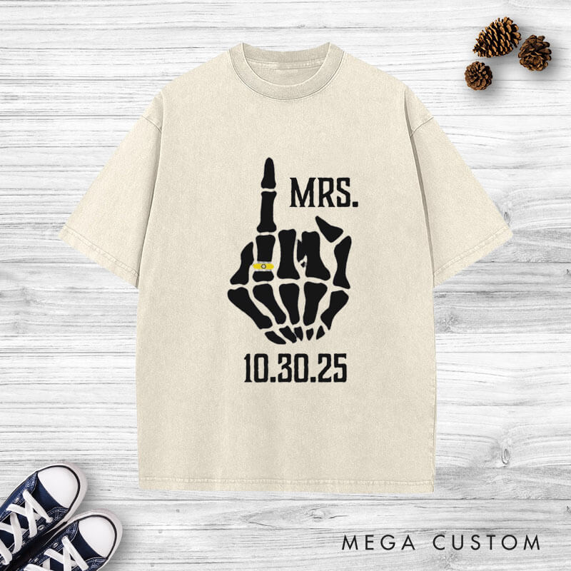 Personalized Funny Gesture Skeleton Mr and Mrs Matching Wedding Couple Washed T-Shirt