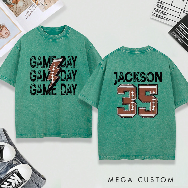 Personalized Washed T-Shirt Game Day Football with Custom Name and Number Design