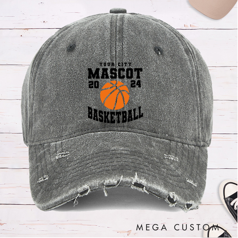 Personalized Distressed Denim Basketball Cap with Custom Team Name Year and Basketball Graphic Design