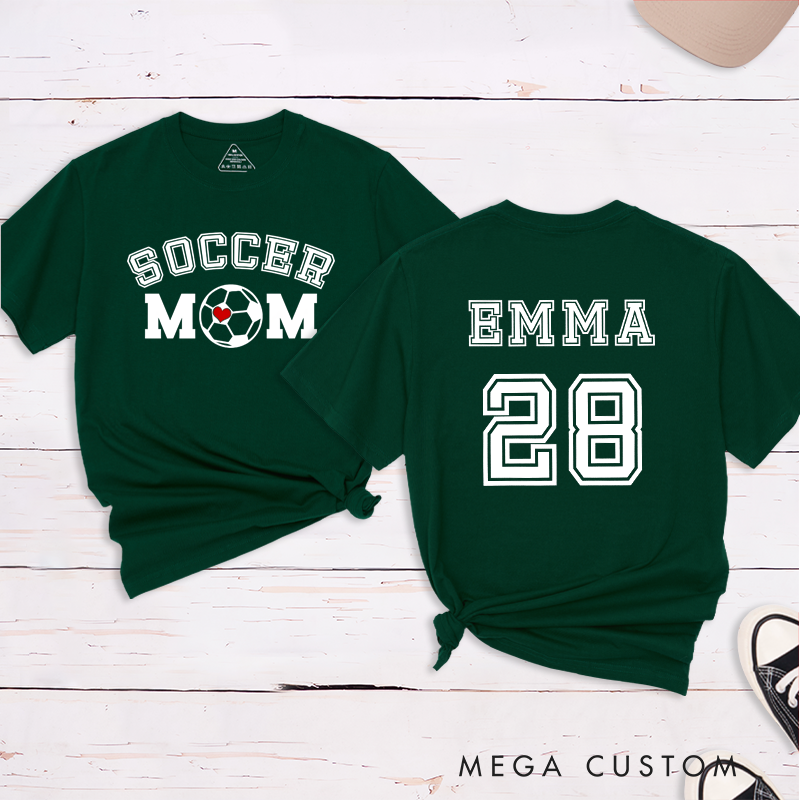 Personalized Soccer Mom T-Shirt with Custom Name, Number, and Bold Graphic Design