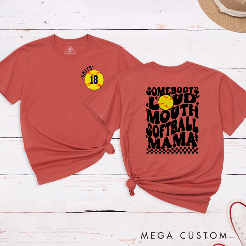 Personalized "Loud Mouth Softball Mama" T-Shirt Design Featuring Bold Retro Text Custom Name and Player Number
