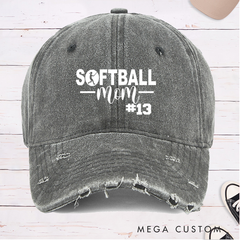 Personalized Distressed Denim "Softball Mom" Cap with Custom Player Number Design