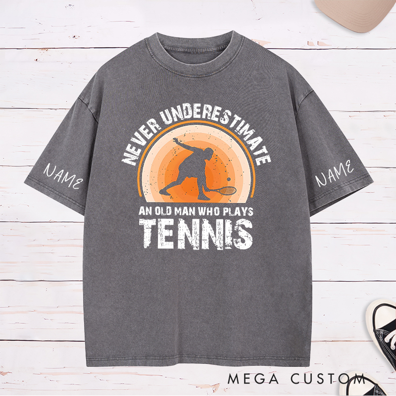 Personalized Tennis Washed T-Shirt with "Never Underestimate" Graphic and Custom Name