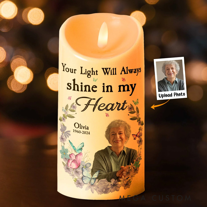 Personalized Photo LED Candle Your Light Will Always Shine In My Heart Memorial Gift Custom Memory Photo LED Candle