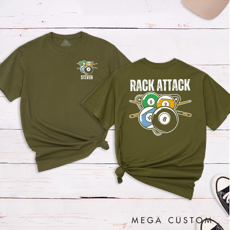 Personalized Billiards, Pool, and Snooker Rack'em Up Crossed T-Shirts Featuring a Unique Design with Your Name