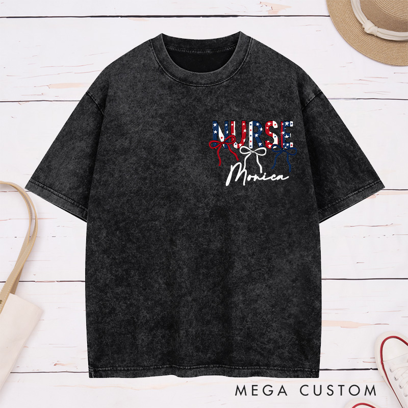 Personalized Nurse Washed T-Shirt Customized Patriotic Nurse Design Washed T-Shirt 