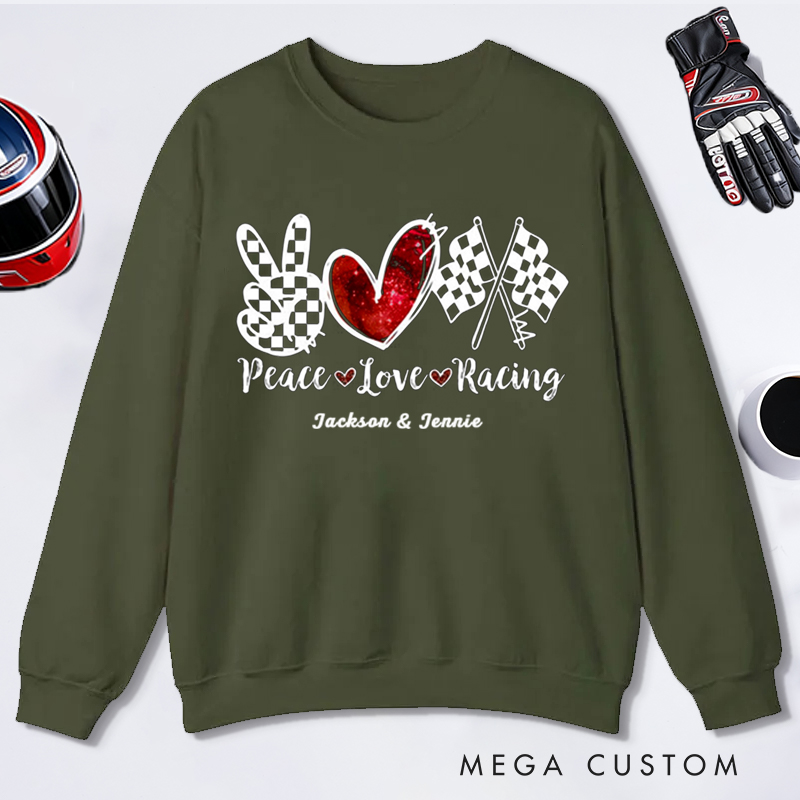 Personalized Peace Love Racing Sweatshirt Custom Name Sweater for Racing Couples and Car Lovers