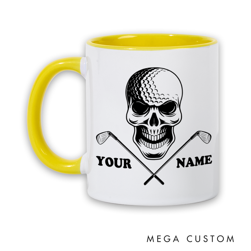 Personalized Skull Golf Mug with Custom Name and Crossed Clubs Design Perfect Gift for Golf Enthusiasts