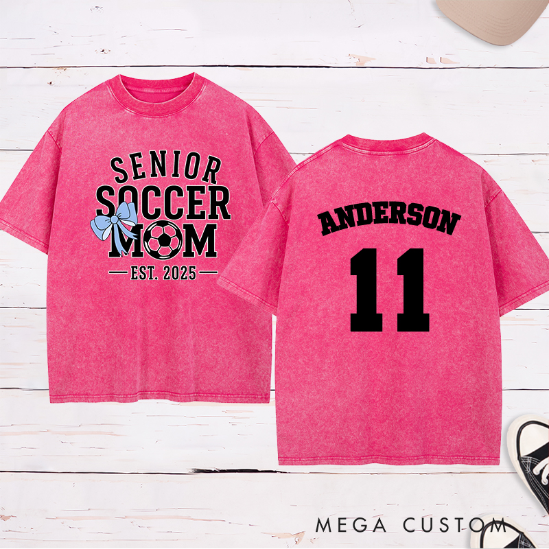 Personalized Senior Soccer Washed Mom T-Shirt with Custom Name, Number, and Graduation Year