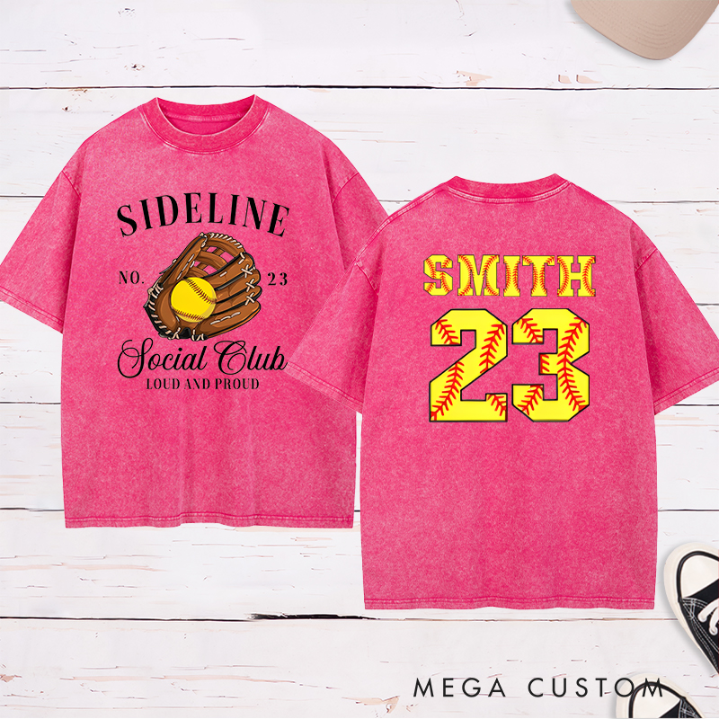 Personalized Softball Sideline Social Club Washed T-Shirt with Custom Name and Number Perfect Gift for Proud Fans Supporters and Players