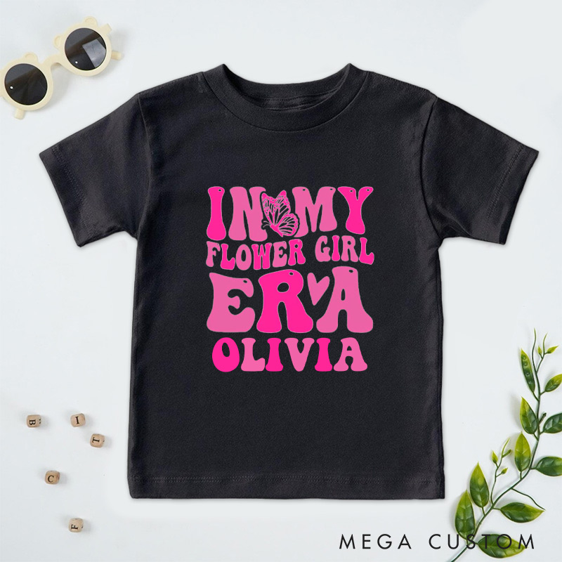Personalized Retro Pink In My Flower Girl Era with Butterfly Wedding Flower Girl T-Shirt 