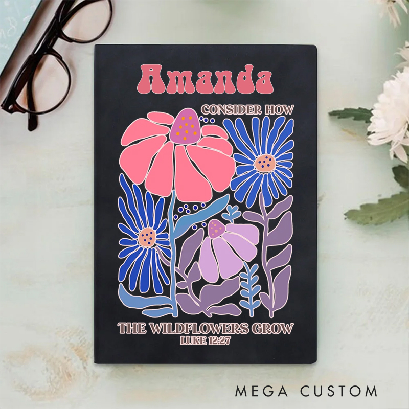 Personalized Multicolor Consider How the Wildflowers Grow A5 Sheepskin Suede Notebook with Name Baptism Birthday Gift for Christians  