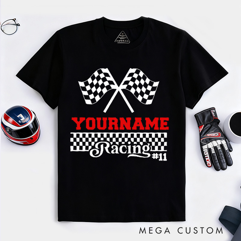 Personalized Racing Checkered Flag T-Shirt Custom Name and Number Race Team Tee Gift for Racers and Racing Lovers