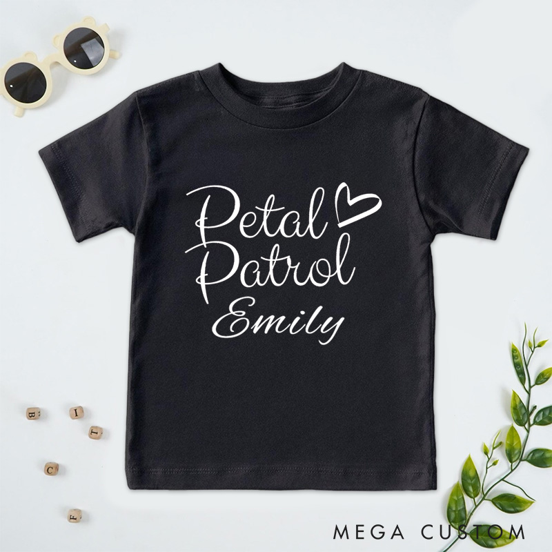Personalized Chic Handwritten Petal Patrol with Heart Wedding Flower Girl T-Shirt 