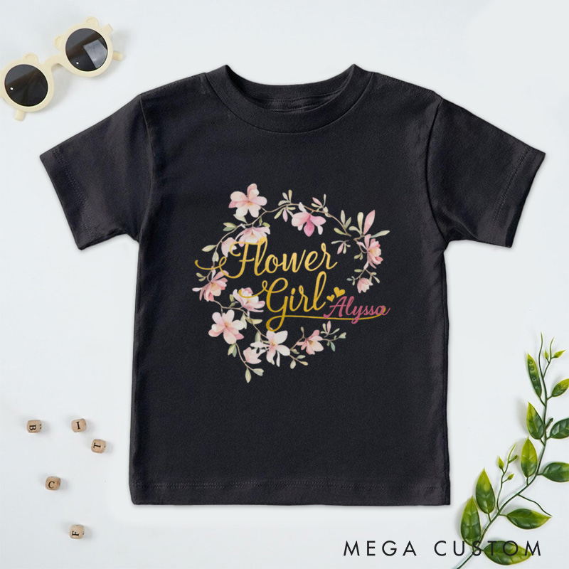 Personalized Watercolor Whimsical Floral Wreath Wedding Flower Girl T-Shirt 