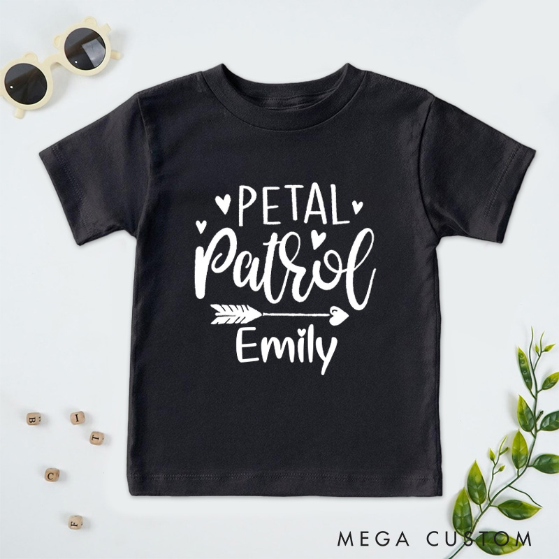 Personalized Whimsical Handwritten Petal Patrol with Heart and Arrow Wedding Flower Girl T-Shirt 