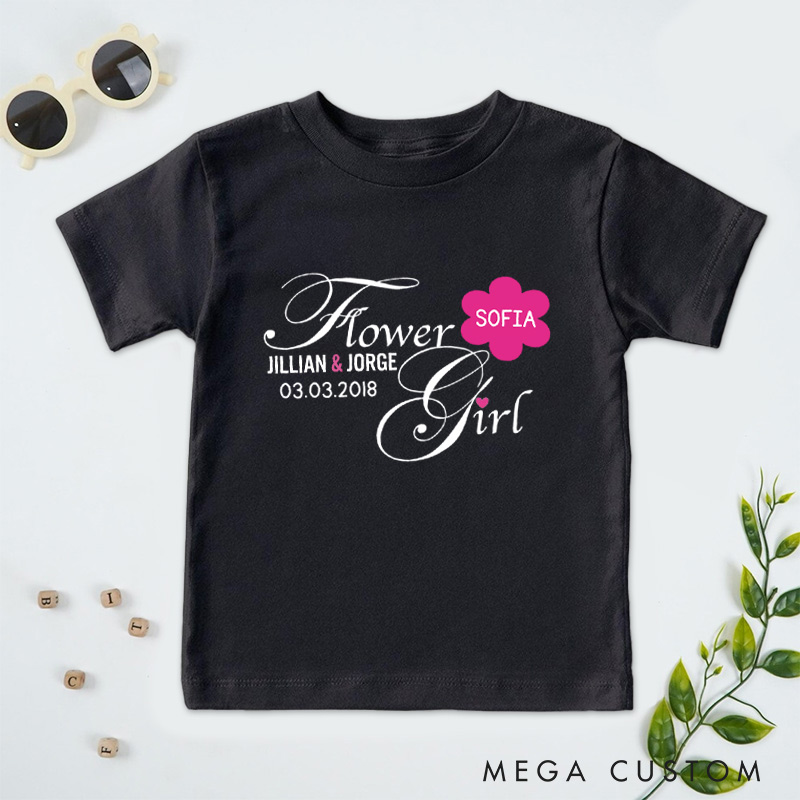 Personalized Elegant Script Flower Girl with Floral Name Wedding Flower Girl T-Shirt 