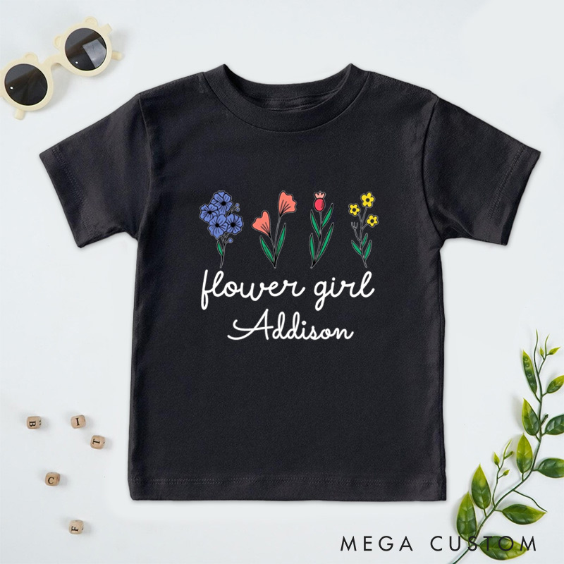 Personalized Whimsical Flower Girl Design with Hand-Drawn Flowers Wedding Flower Girl T-Shirt 